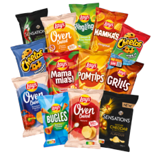 Lay’s oven baked of sensations
zak à 150 gram,
Lay's hamka's, bugles, mama mia's,
pomtips, ringlings, grills of Cheetos
zak à 10